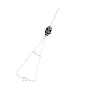 Silver metal rhinestone studded skull hand chain bracelet - goth halloween
